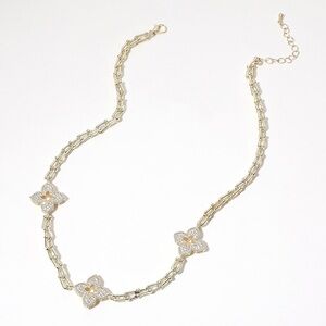 14K Gold Plated CZ Stone Paved Clover Station Necklace